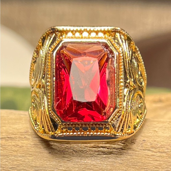 5351-HAT Emerald Cut Simulated Red Ruby Men's Ring Yellow Gold Color Metal - Picture 1 of 14